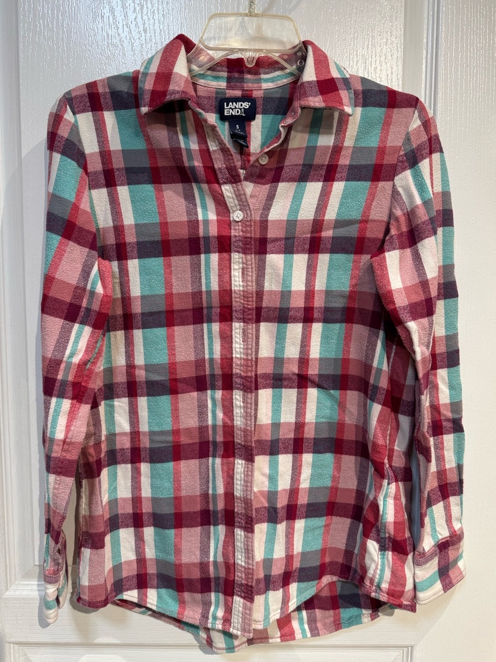 Lands' End Teal & Burgundy Plaid Button-Up Shirt